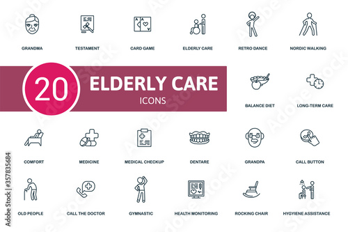 Elderly Care icon set. Collection contain grandma, health monitoring, call buttom, card game and over icons. Elderly Care elements set.