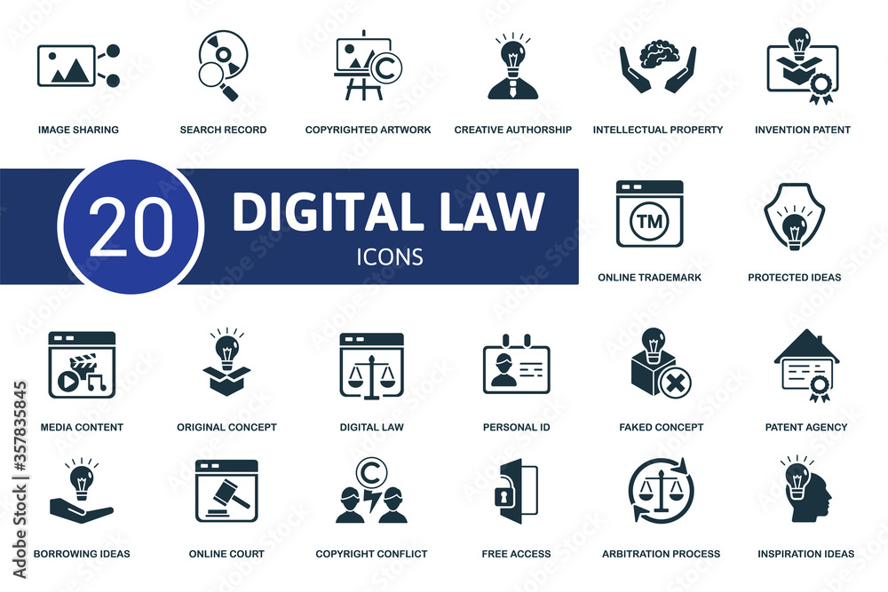 Digital Law icon set. Collection contain inspiration ideas, patent agency, faked concept, media content and over icons. Digital Law elements set.