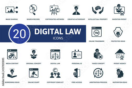 Digital Law icon set. Collection contain inspiration ideas, patent agency, faked concept, media content and over icons. Digital Law elements set.