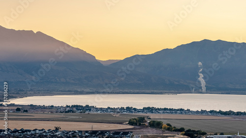 Panorama frame Golden light at sunrise over Utah Lake