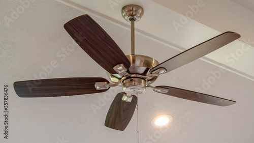 Panorama frame Electrical fan with built in lights installed on decorative wooden ceiling beam