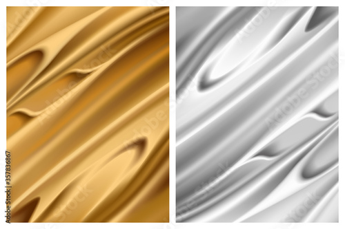 Set of silver and gold foil textures, metallic glossy surfaces. Sparkling fabric with folds, vecor illustration in realistic style