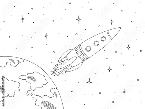 Rocket in space graphic black white sketch illustration vector