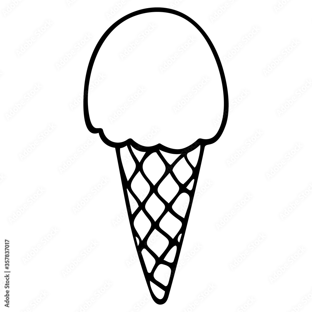 Ice cream black and white illustration. Vector. Crispy waffle cone. Sketch. Outline on an isolated white background. Doodle style. Sweet refreshing dessert. Summer mood. Sketch popsicle cone. Ice cream black and white illustration. Vector. Crispy waffle cone. Sketch. Outline on an isolated white background. Doodle style. Sweet refreshing dessert. Summer mood. Sketch popsicle cone.