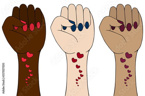 The struggle for rights and justice. Set of vector illustrations. Fists on an isolated background. Feminine hands. Sign of protest. Stop racism. On hands a tattoo a heart sign. Cartoon style. Idea for