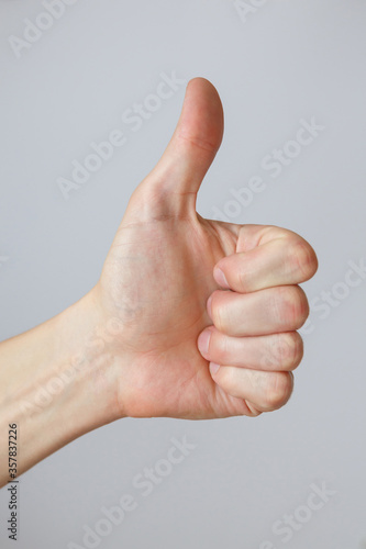 Gesture and sign, male hand on a white background. Hand good. Good job