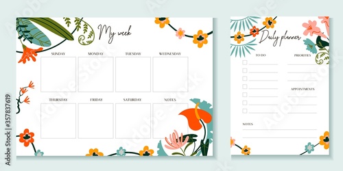 Weekly and daily planner template with flowers vector illustration. Notebook or sticker with to do list, days and empty squares. Journal for effective work, organization and time management