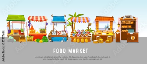 Food market local shops banner template flat style vector illustration. Stalls with products, seafood and bakery, fruits and vegetables, spices and grain. Shopping meal