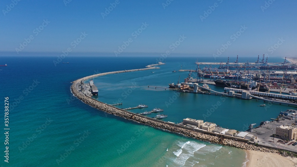 Aerial view over Ashdod Harbor Mediterranean Sea, Israel