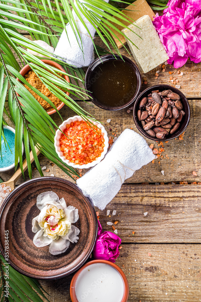 Spa aromatic relax concept. Natural spa ingredients - with coffee, sea salt, brown sugar, honey, olive oil. Organic spa cosmetic products, homemade natural skincare concept on wooden background. Ban Spa aromatic relax concept. Natural spa ingredients - with coffee, sea salt, brown sugar, honey, olive oil. Organic spa cosmetic products, homemade natural skincare concept on wooden background. Ban