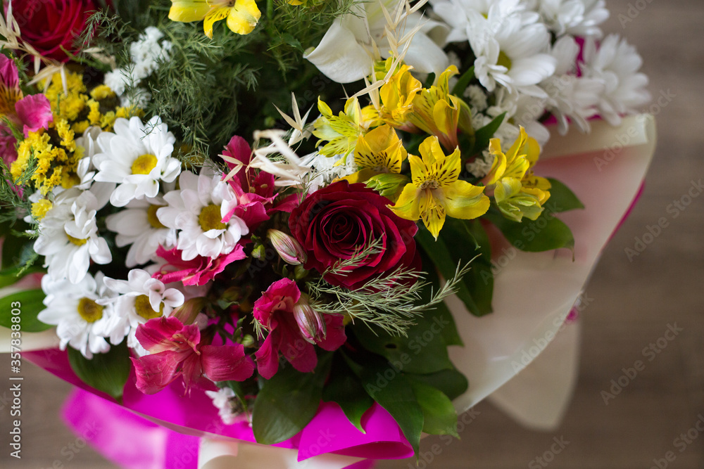 beautiful bouquet with multicolored flowers. the view from the top. beautiful bouquet with multicolored flowers. the view from the top.