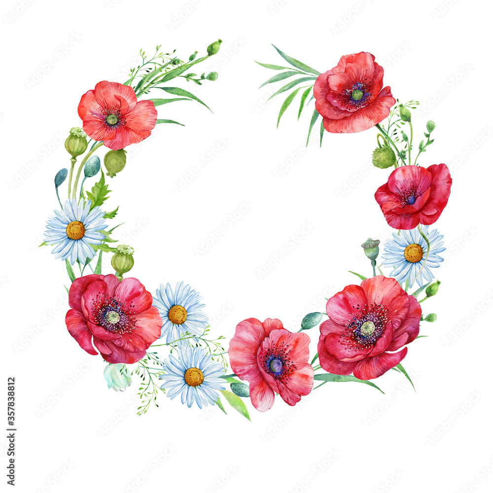 flower wreath with red poppies .watercolor illustration
