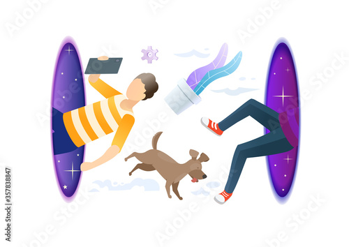Hipster man with dog flying through the portal. Fantasy teleport. Online computer game concept. Modern style vector illustration for landing page, website, banners and presentation.