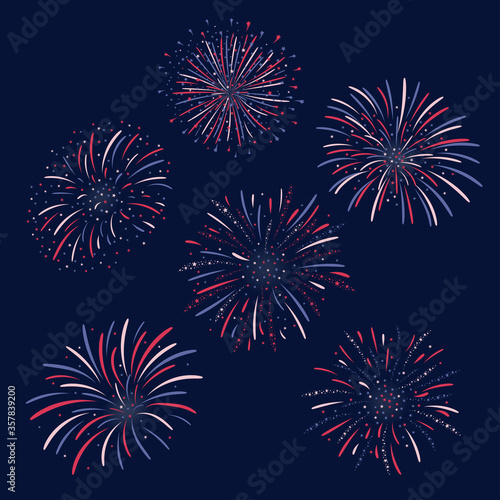 Set of vector firework design on dark blue background. Fourth of july independence day of the usa. USA flag color firework celebration