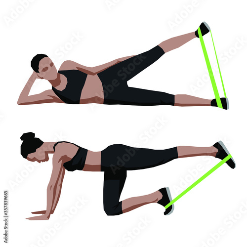 Girl doing sport exercises at home with elastic band. Flat vector illustration.