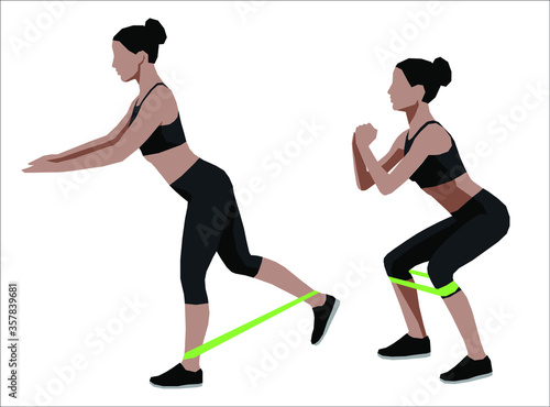 Girl in black sportswear doing exercises with elastic resistance band at home. Flat vector illustration.