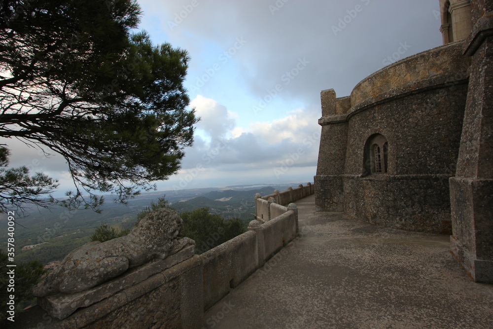 Panoramic day view from the Sanctuary de Sant Salvador with a blue sky and white clouds in the background. Felanitx district, Mallorca island, Spain