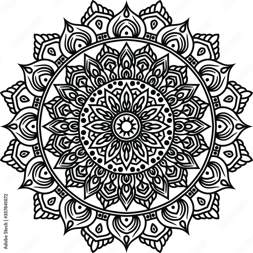 Vector mandala art or circular pattern for decoration elements, meditation poster, stress relief, henna, adult coloring book page, decoration card.
