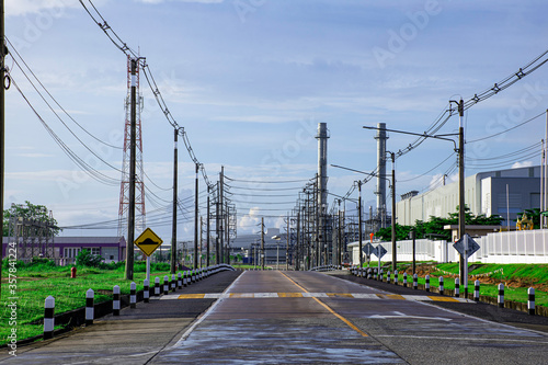 Electricity power substation and electric transmission line for energy supply to industrial factory, Environmentally friendly manufacturing plant of new technology production line