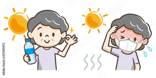 水分補給をする高齢者女性と熱中症の高齢者女性セット