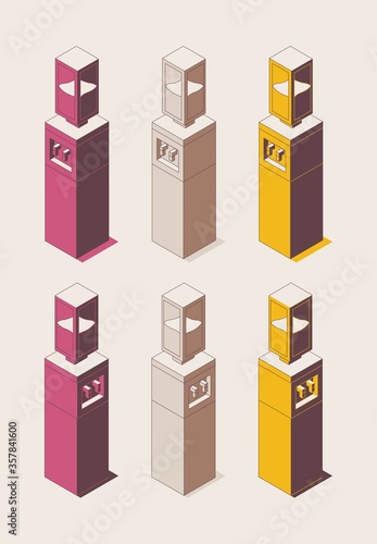 Office water cooler isometric drawn in outline 3d style in various foreshortening with shadow