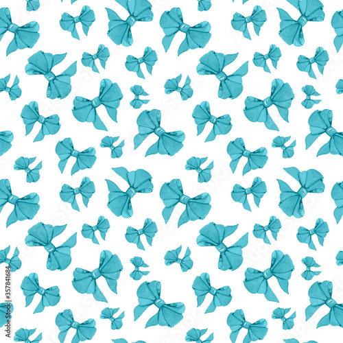 Seamless watercolor pattern with blue bows. Ideal for packaging, wallpaper, textiles, wrapping paper.