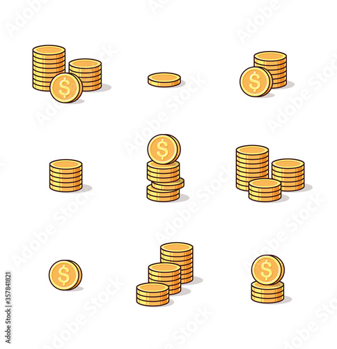 Coins Icon. Set of outline money. Coins vector icon. Bank payment symbol. Golden coins. Coin currency stack icon. Finance concept for websites, web design, mobile app, infographics. 