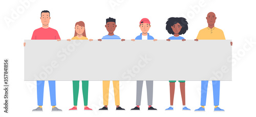 People of different races are protesting.Activists with placards. Peaceful demonstration. Vector illustration