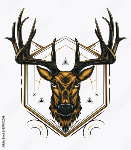 Vector Deer head illustration with ornament design in serious face. T shirt design, Logo, mascot, wall decoration.