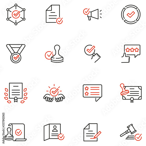 Vector Set of Linear Icons Related to Approvement, Accreditation, Quality Check and Affirmation. Mono Line Pictograms and Infographics Design Elements - part 3