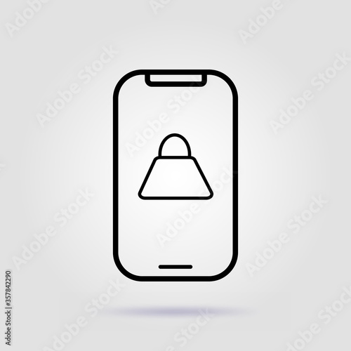 Online shopping smartphone line icon on gray background with soft shadow