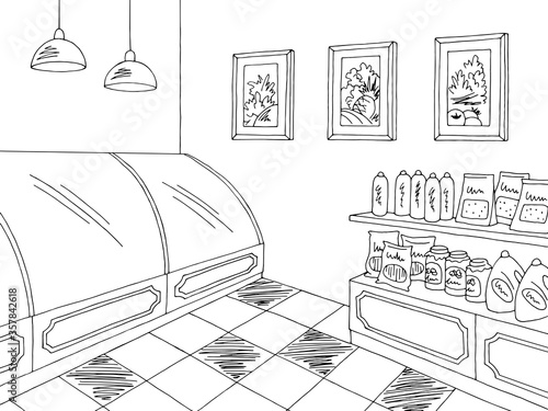 Grocery store shop interior black white graphic sketch illustration vector