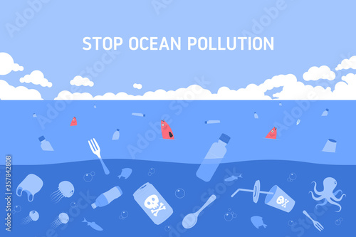 Plastic waste in ocean. Dead fish swimming in water full of garbage. Water pollution. Flat vector Illustration.