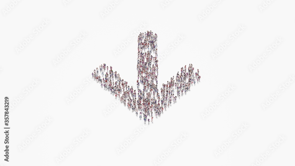 3d rendering of crowd of people in shape of symbol of arrow down on white background isolated 3d rendering of crowd of people in shape of symbol of arrow down on white background isolated
