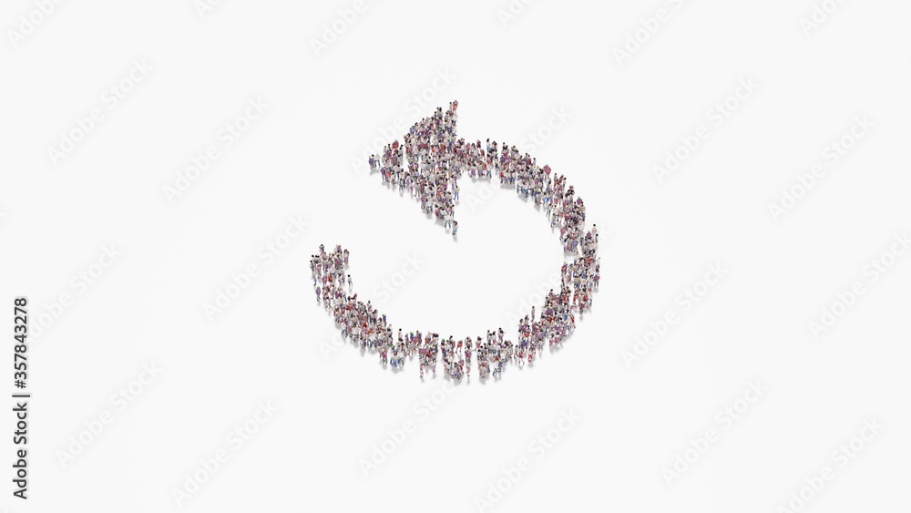 3d rendering of crowd of people in shape of symbol of refresh arrow on white background isolated