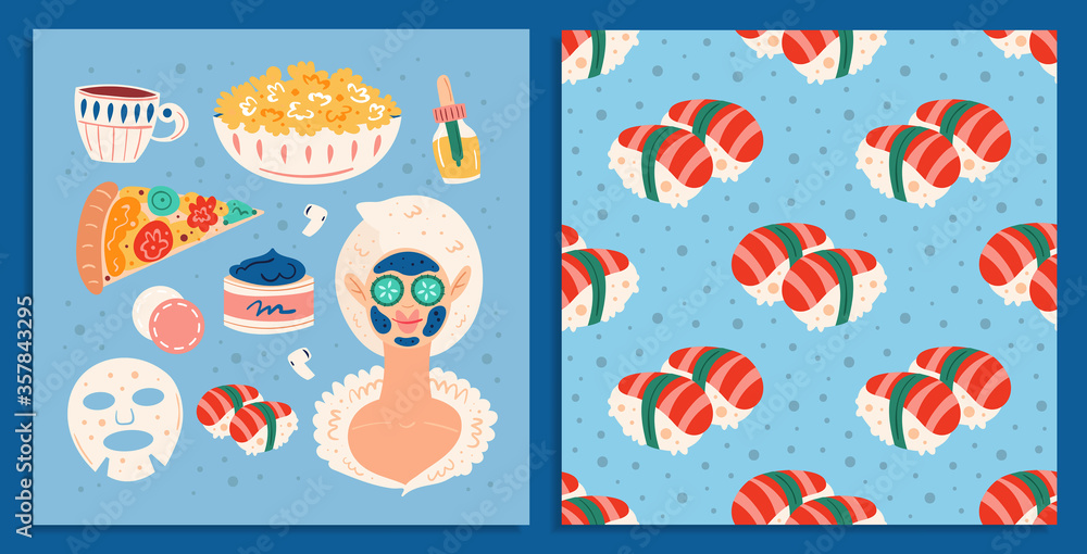 Home spa night. Young woman.  Beauty process. Happy good mood, smile. Skin hair health care. Food, pizza, sudhi. Flat hand drawn vector illustration, set, stickers. Seamless pattern. Card making.