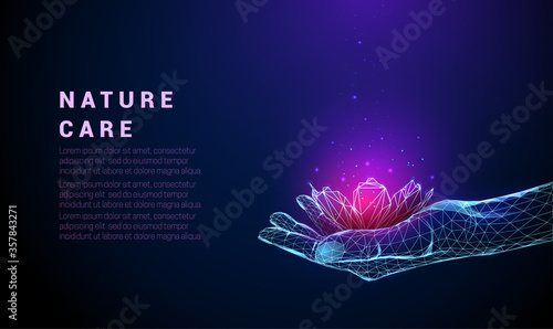 Abstract Low poly giving hand with flower.