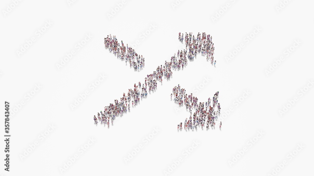 3d rendering of crowd of people in shape of symbol of diagonal arrows on white background isolated 3d rendering of crowd of people in shape of symbol of diagonal arrows on white background isolated