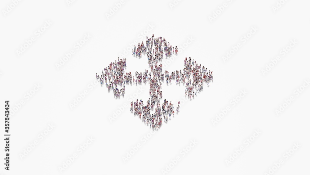 3d rendering of crowd of people in shape of symbol of four direction arrows on white background isolated 3d rendering of crowd of people in shape of symbol of four direction arrows on white background isolated