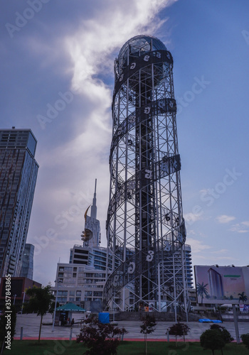 Georgian alphabet tower in the very center of Batumi on the embankment. Popular tourist attraction in Georgia. photo