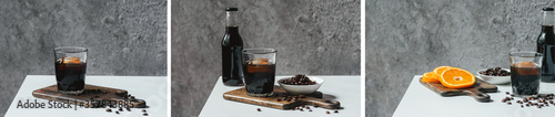 collage of cold brew coffee with ice in glass and bottle near orange and coffee beans on cutting board on white table