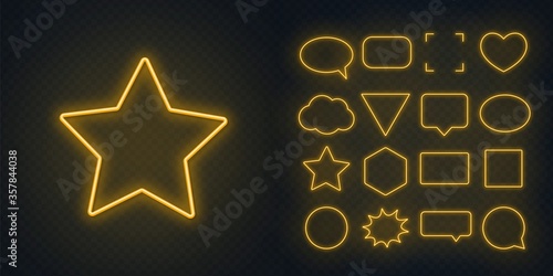 Set of yellow neon frames with soft glow on a transparent background. Speech bubble, square, circle, star, triangle, heart, hexagon and other glowing neon shapes on a dark background.