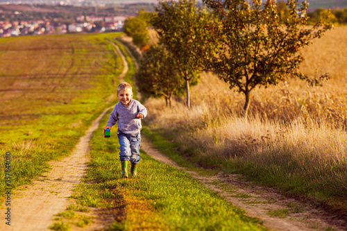 The inspired little boy having fun walking on country road