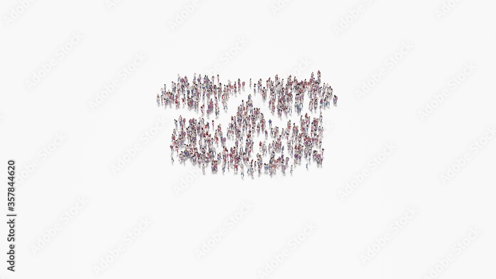 3d rendering of crowd of people in shape of symbol of box open on white background isolated