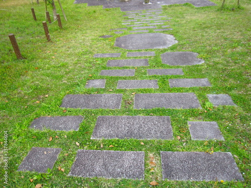 Photography 公園で道の代わりに敷かれた飛石　The stepping-stone which was spread in substitution for a way in