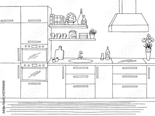 Kitchen room graphic black white home interior sketch illustration vector