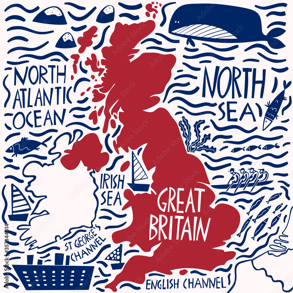 Vector hand drawn stylized map of the United Kingdom. Travel illustration of Great Britain neighboring countries and water names. Hand drawn lettering illustration. Europe map element