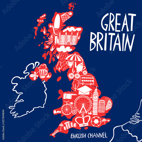 Vector hand drawn stylized map of the United Kingdom. Travel illustration of Great Britain landmarks. Hand drawn lettering illustration. Europe map element