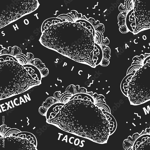 Hand drawn taco seamless pattern. Vector fast food illustrations on chalk board. Retro junk food background