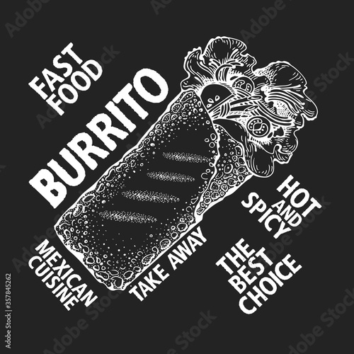 Hand drawn burrito banner. Vector fast food illustrations on chalk board. Retro junk food background